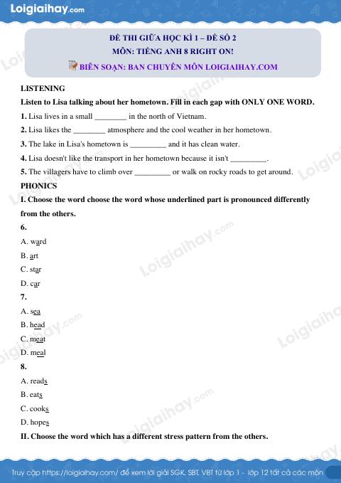 Đề thi giữa kì 1 Tiếng Anh 8 Right on - Đề số 2